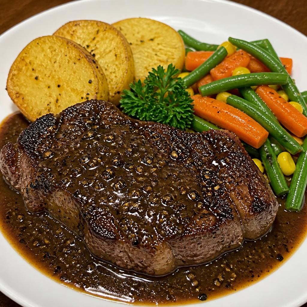 Beef Blackpepper dengan steak daging sapi empuk, saus lada hitam, kentang lokal, dan sayuran